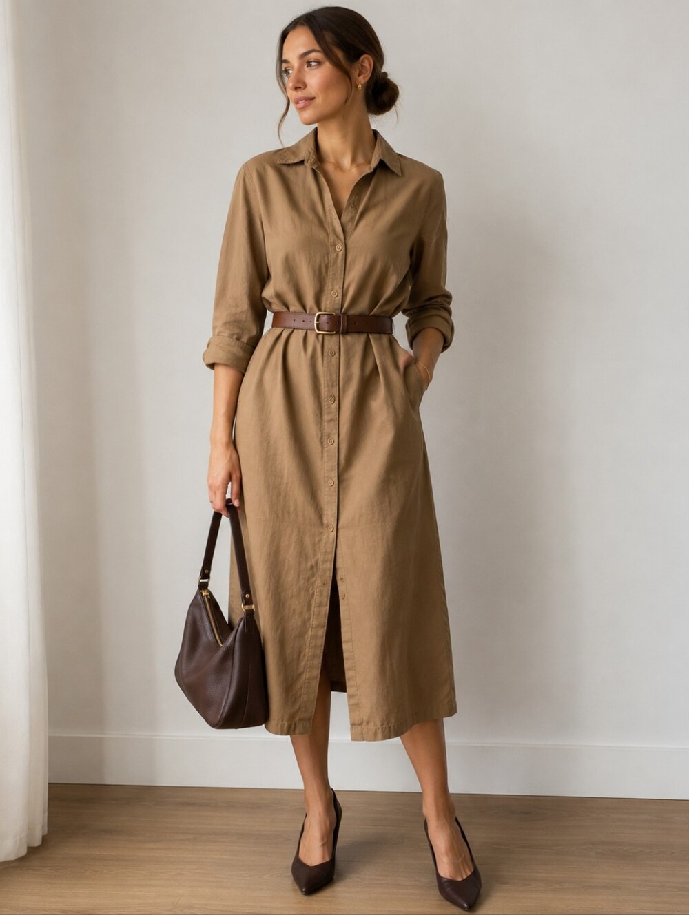 Lauren Ralph Lauren | 100% Cotton | Taupe Shirt Midi Dress | Size M